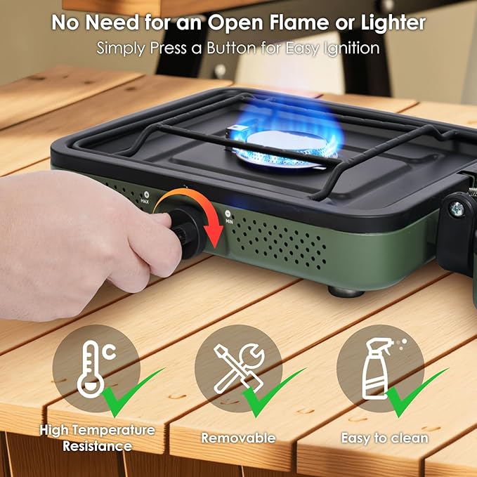 2 Burner Camping Stove with Carrying Bag, Foldable Propane Camp Stove with 17,200 BTU for Camping, Portable Gas Stove with Adjustable Burner for Tailgating, Backyard BBQ,Green