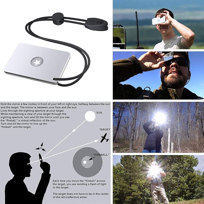 Signal Mirror 2 x 3 Inch, Military Grade Survival Mirror, 3 in 1 Hiking Camping Mirror with Compass and Whistle for Outdoor Adventure Emergency SOS Small Mirror