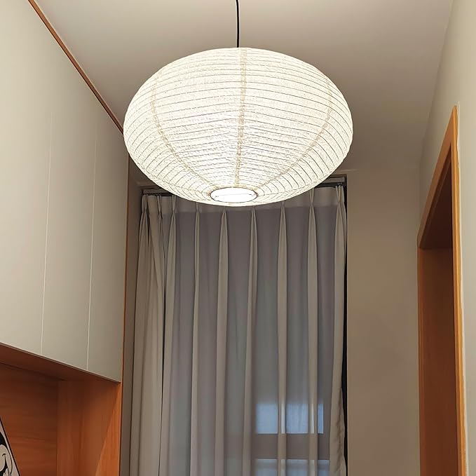 Hytsoeee(19.69Inch) Handmade Paper Lamp Shade, Creamy White Oval Hanging Lantern Lampshade,Modern Folding Ceiling Light Cover for Bedroom, Living Room, Dining Room, Corridor