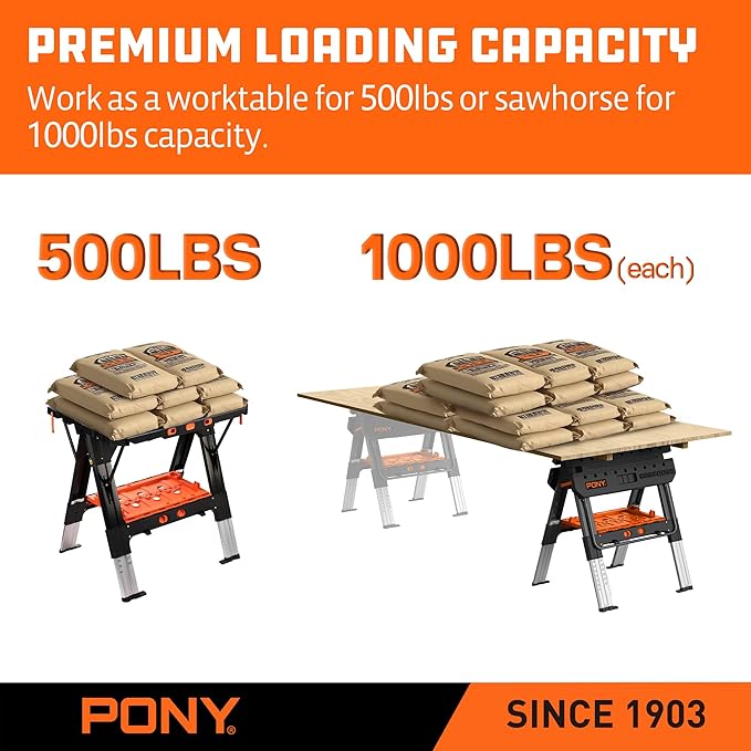 Pony Portable Folding Work Table, 2-in-1 as Sawhorse & Workbench, 31” W×25” D×25”-35”H, Large Load Capacity with 4pcs Clamps, 4pcs Bench Dogs