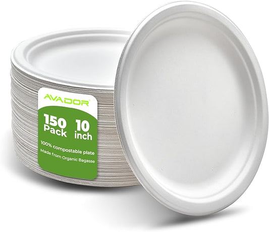AVADOR® Compostable Tableware 100% Eco-Friendly & Biodegradable Dinnerware Eco-Conscious, Disposable, and 100% Biodegradable (10 inch Round Plates Pack of 150)
