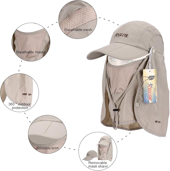 icolor Sun Hats for Men Women with Neck Flap,Foldable Sun Cap Fishing Sun Hats,UPF50+ Sun Protection Ponytail Hats