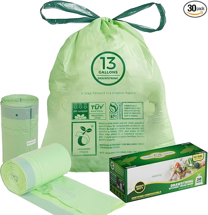 13 Gallon Compostable Trash Bags with Drawstring, Heavy Duty Extra Thick 1 Mil, 49.21 Liter, 30 Bags, Tall Kitchen Food Scrap Waste Bag, ASTM D6400, US BPI and OK Compost Home Certified