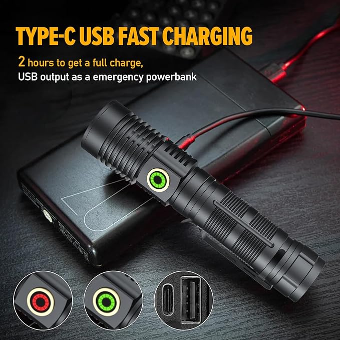 Rechargeable Magnetic Flashlight High Lumens - 1500 Meters Long Beam Super Bright LED Tactical Flashlight with Holster USB Zoomable 5Modes Small Long Beam Spotlight Flashlight for Camping