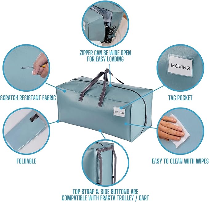 VENO 2 Pack Moving Bags w/Backpack Straps, Heavy Duty, Moving Boxes Alternative, Packing Supplies, Large Storage Totes for Dorm Room Essentials with Zipper for Clothes (Shiny Light Blue, 2 Pack)