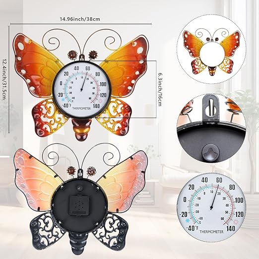 Outdoor Thermometer, Metal Indoor Thermometer, Yellow Butterfly Wall Thermometer No Need Battery for Patio Home Room Decor