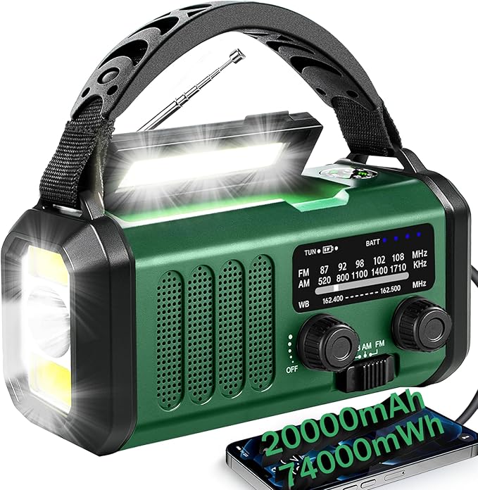 Hand Crank Emergency Radio,74000mWhSolar Powered Hand Crank Portable NOAA AM FM Weather Radio with 3Mode Flashlight and Reading Light,Cell Phone Charger,Home and Emergency Distress Signall