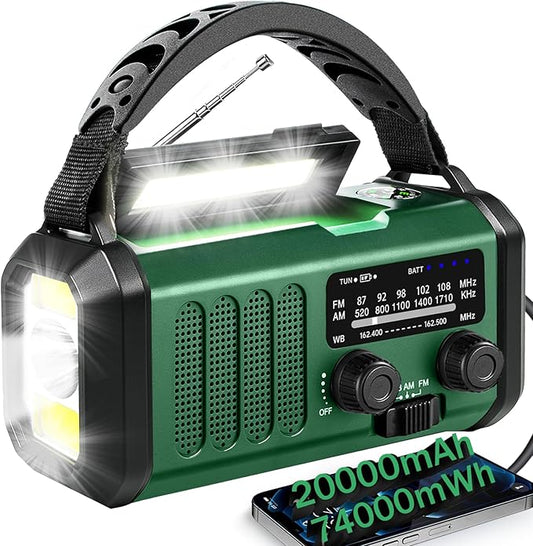 Hand Crank Emergency Radio,74000mWhSolar Powered Hand Crank Portable NOAA AM FM Weather Radio with 3Mode Flashlight and Reading Light,Cell Phone Charger,Home and Emergency Distress Signall