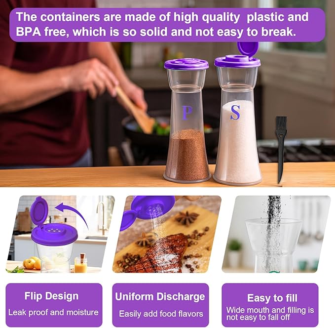 Set of 2 Clear Salt and Pepper Shakers, Plastic Spice Jars with Colorful Lids, Leakproof Moisture-Proof for Home Kitchen Restaurant, Camping, Travel, Picnic (Purple)