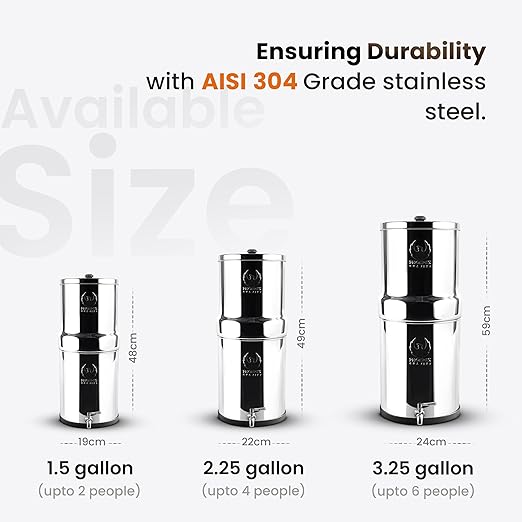 3.25 Gallon Water Filter AISI 304 Stainless Steel Gravity Fed Water Filter System, NSF Certified 2 Smart Carbon Filter Elements, Free Stainless Steel Stand & Water Spigot