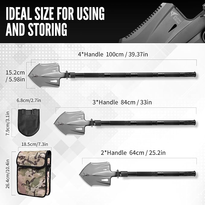 Zune Lotoo Tactical Shovel Survival Multitool, Military Portable Folding Camping Shovel Compact Camping Gear for Men Outdoor Survivalist Gift Hiking Backpack Emergency Offroad Entrenching Tool Spade
