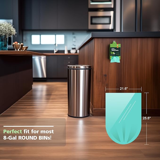Biodegradable 8 Gallon Trash Bags, AYOTEE Garbage Bags 8 gallon, Compostable Medium Trash Bag, Unscented Leak Proof Bag for Office, Home, Bathroom, Bedroom, Car, Kitchen, Pet(Green)