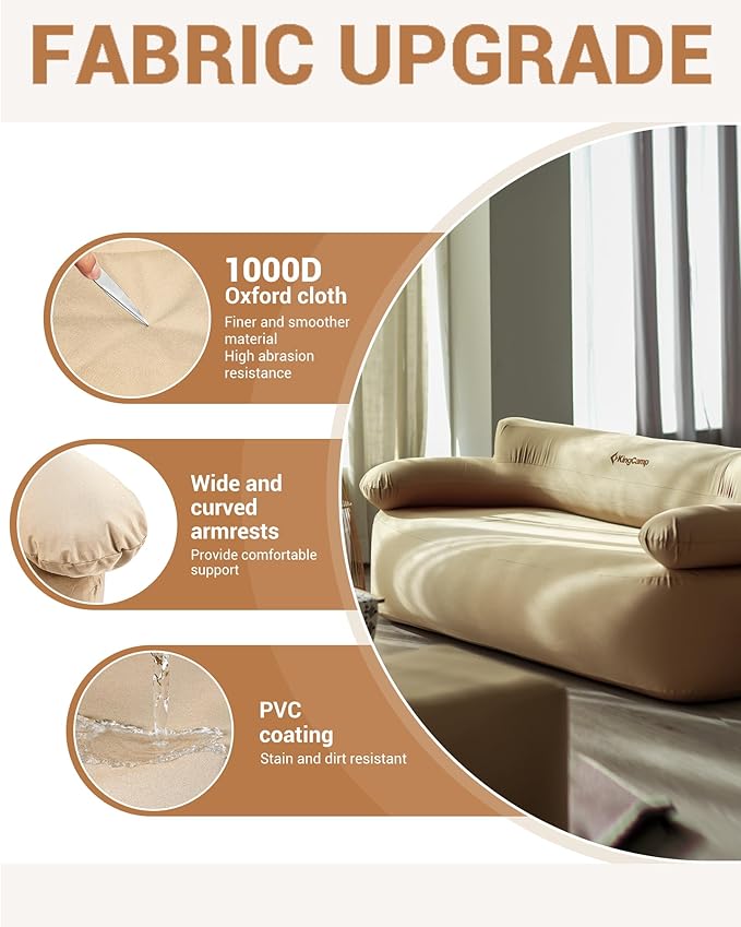 KingCamp Double Inflatable Couch with Electric Air Pump, 2-Person Camping Sofa with Eco PVC Liner, Footrest, Pegs, Repair Kit & Quick-Fill Pump for Outdoor, Tent, Travel