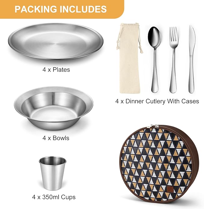 Odoland Camping Complete Messware Kit, Polished Stainless Steel Camp Dinnerware, Camping Cooking Tableware, Cutlery Organizer Utensil with Plates and Bowls Set for Backpacking, Hiking, Picnic Picnic.