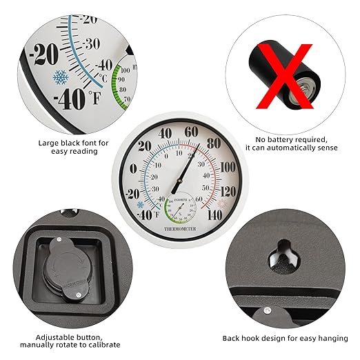 Indoor Outdoor Thermometer Large Numbers 12 Inch Wall Weather Thermometer Hanging Garden Decor Hygrometer No Battery Needed (White)