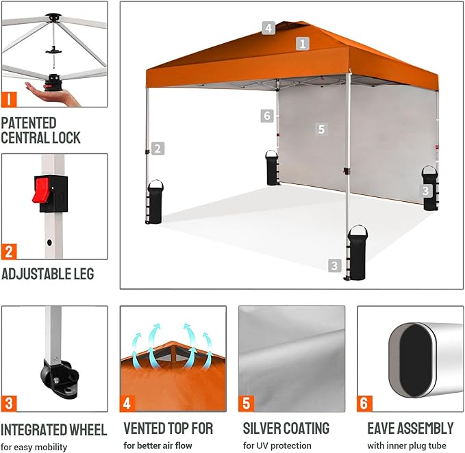 CROWN SHADES 10x10 Pop Up Canopy with 1 Side Wall - Beach Tent with One Push Setup - Outdoor Sun Shade for Events, Parties, Camping - Gazebo with STO-N-Go Cover Bag (Orange)