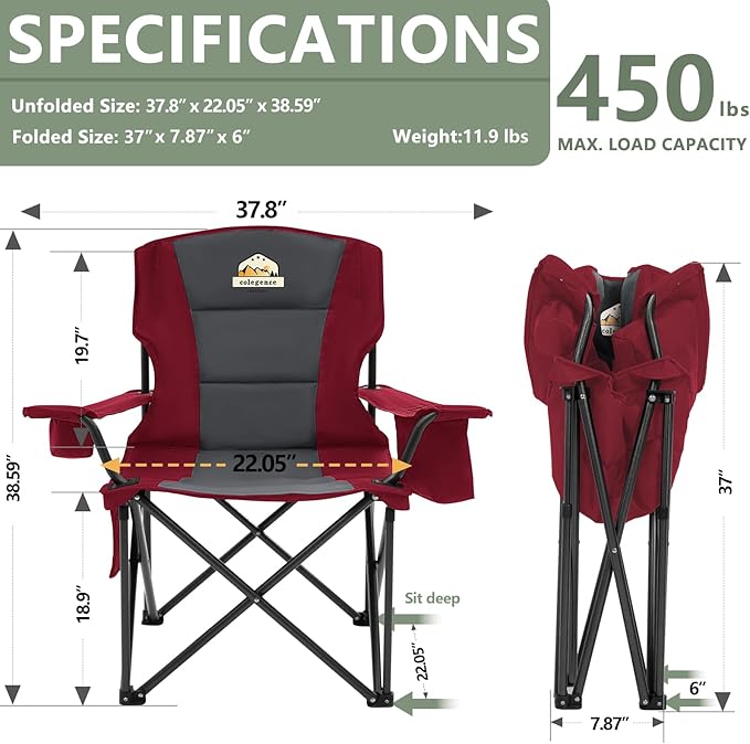 Oversized Camping Chairs 2 Pack - 450lbs Support Heavy Duty Folding Camp Chair Wide Portable Outside Collapsible Chairs with Carry Bag,Cooler,Cup Holder for Outdoor,Lawn,Sports,Baseball,Soccer-Red