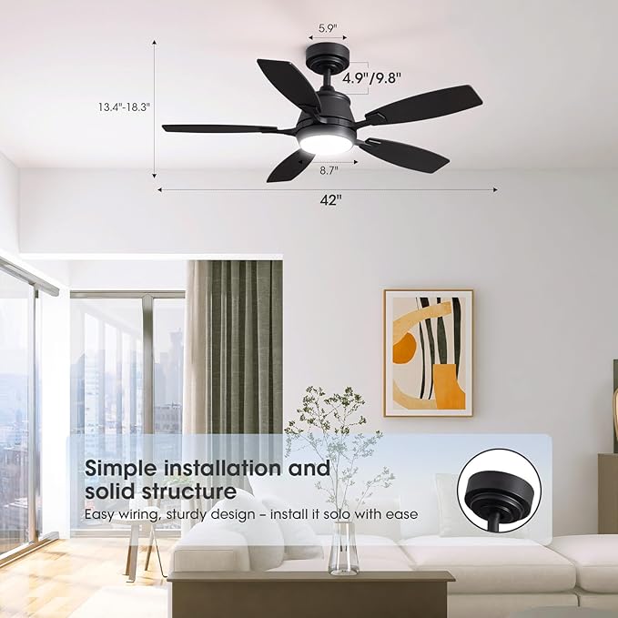 42" Ceiling Fan with Light, Modern Low Profile Ceiling Fan with Light, DC Reversible Motor, Smart APP & Remote Control, Whisper Quiet, Dimmable LED for Bedroom/Living Room