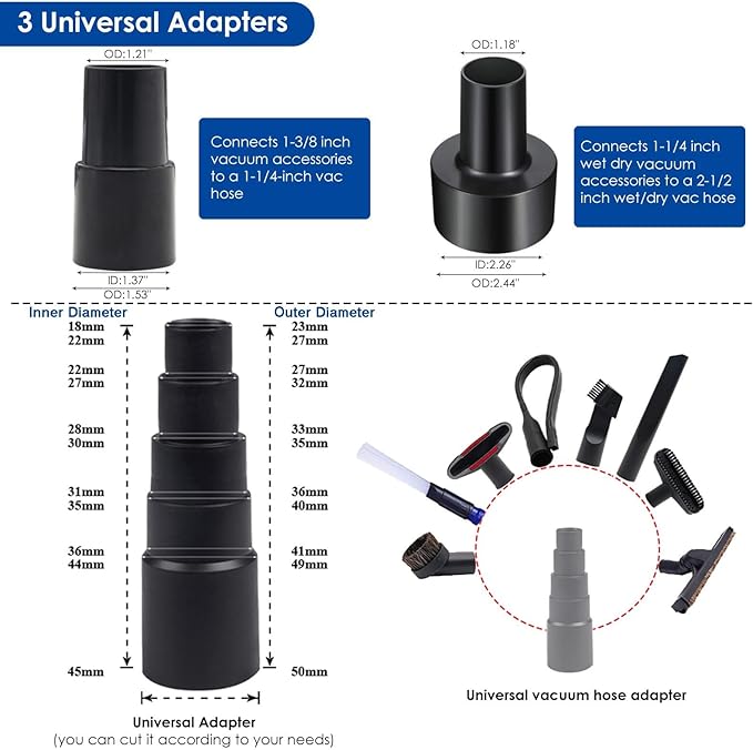 14 PCS Universal Vacuum Attachments & Brushes Kit for Shop Vac Accessories & Household Cleaning, Includes 2 1/2" to 1 1/4" and 1 7/8" to 1" Vacuum Hose Adapter,Crevice Tool & 3 Vacuum Extension Wands