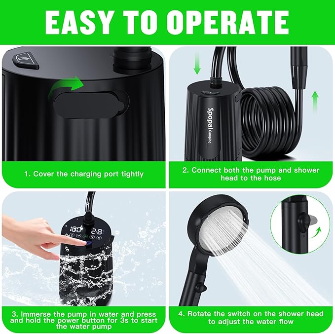 Portable Camping Shower - 10000mAh Rechargeable, 5-Speed, IPX8 Waterproof, LED Display Camp Shower Pump- Perfect for Hiking, Travel, Cars & Pets