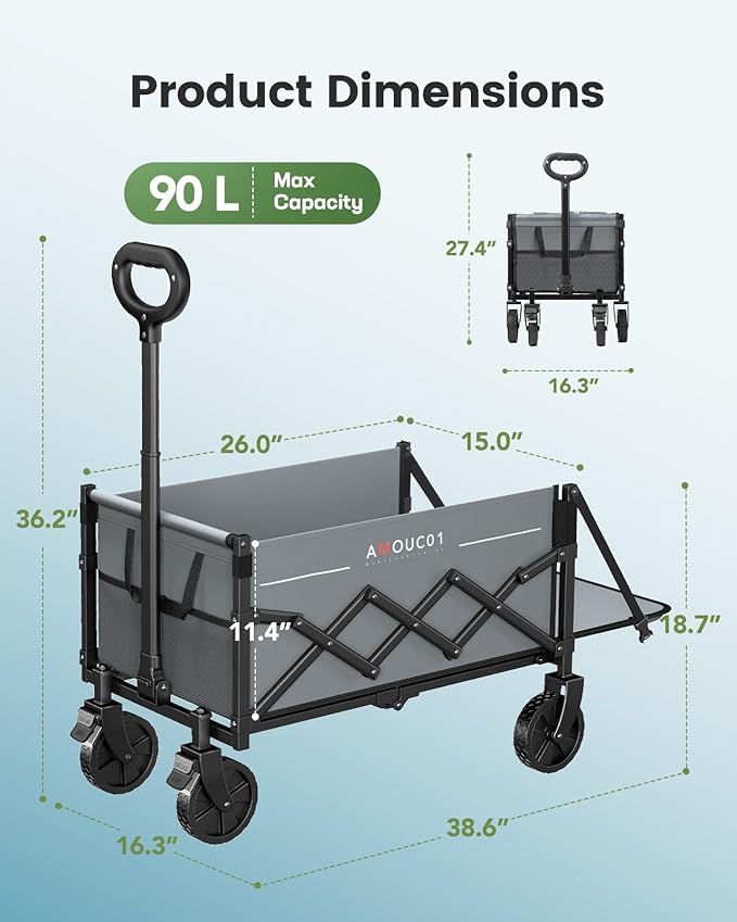 Small Wagon Cart Foldable, Collapsible Wagon with 360 LBS Max Load & Expandable Storage, 90L Foldable Grocery Cart with 2 Cup Holders for Outdoor, Garden, Camping &Groceries-Grey