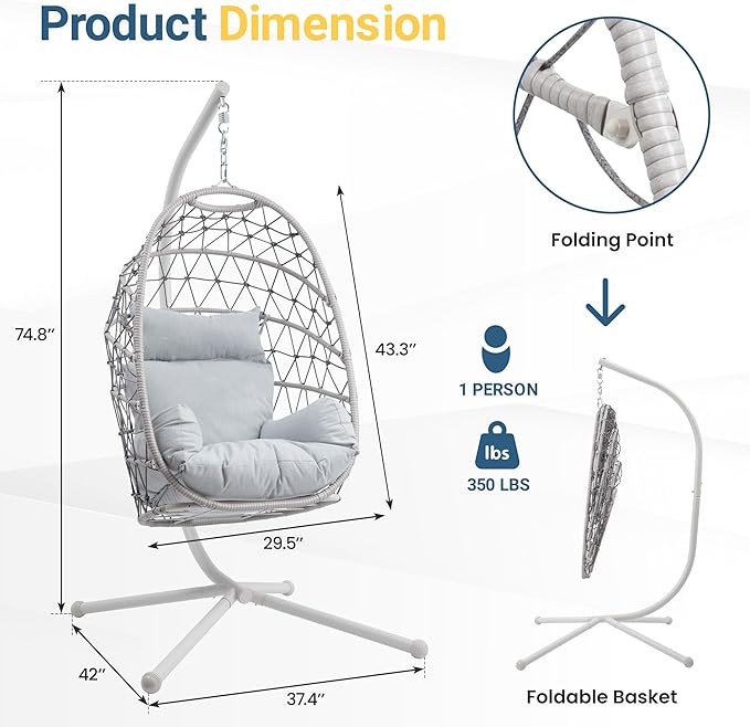 RoyalCraft Hanging Egg Chair Outdoor Swing Chair with Stand, Hammock Chair Indoor, Patio Boho Wicker Hanging Chair with Stand 350lbs Capacity for Garden, Balcony, Bedroom, Beige & Gray