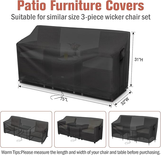 Kingling Patio Furniture Covers for 3 Piece Patio Chairs Set, Outdoor Furniture Cover Waterproof Wicker Chairs Cover - 75"L X32"W X31"H