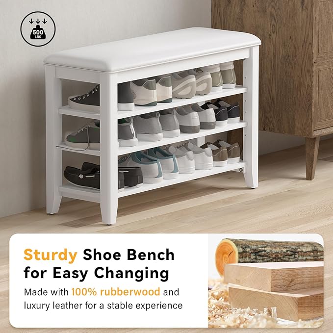 Entryway Shoe Storage Bench with Leather Cushion, Shoe Organizer Bench for Entryway, Ideal for Hallways Front Doors Entrances Mudrooms Featuring Rubberwood And 3 Height-Adjustable & Removable Shelve