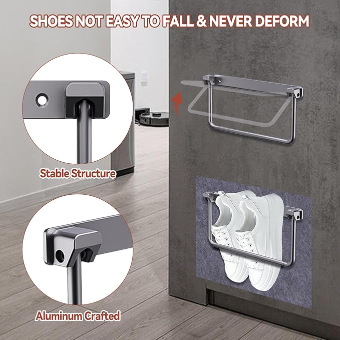 4PCS Foldable RV Shoe Rack with Wall Protector Double-sided Tape Wall-Mounted Aluminum Camper Shoe Storage Organizer Shelf for Various Shoes