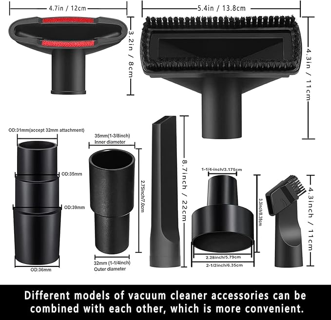 10PCS Universal Vacuum Attachments Kit Wet Dry Plastic Vacuum Hose Adapter 1-1/4" Vacuum Cleaners Accessories with Horse Hair Brush Flexible Crevice Tool Adapter for Shop Vac Accessories