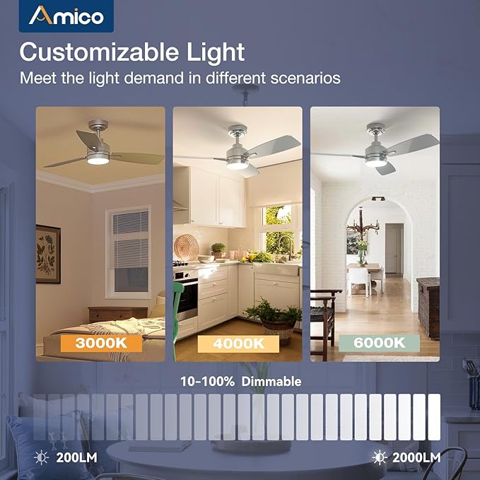 Amico Ceiling Fans with Lights, 44 inch Nickel Ceiling Fan with Light and Remote Control, Reversible, 3CCT, Dimmable, Noiseless, Small Ceiling Fan for Bedroom, Farmhouse, Indoor/Outdoor Use