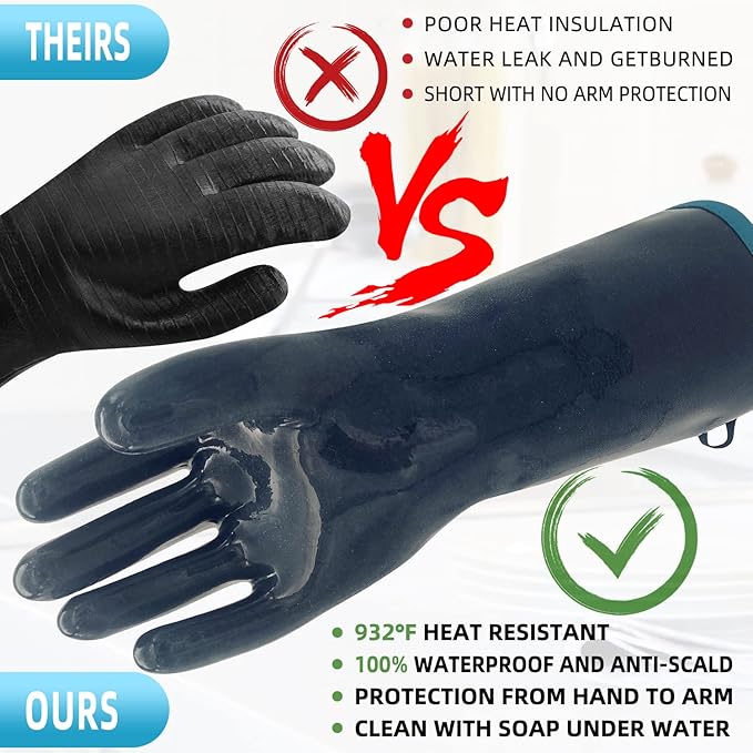 DEYAN Silicone BBQ Gloves, 932°F Heat Resistant Oven Gloves with Fingers, Kitchen Waterproof Hot Proof Glove for Fryer, Smoker, Baking, Cooking, Cutting(9/L)
