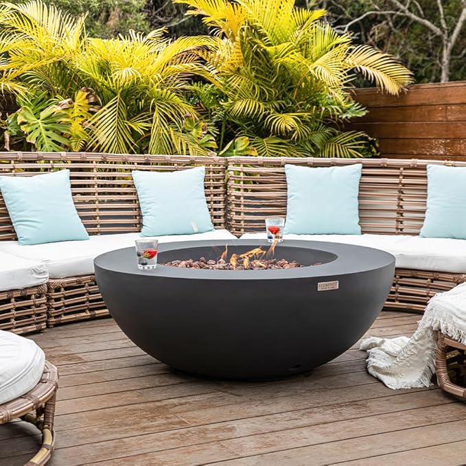 Elementi Lunar Bowl Dark Grey Fire Pit Bundle Outdoor Firepit Set Includes 42” Natural Gas Concrete Firepit, Glass Windscreen, Stainless Steel Cover, Canvas Cover, Floor Mat, Hammock, Beverage Tub