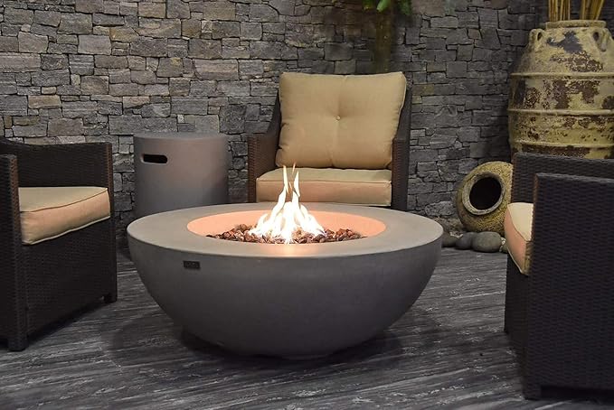 Elementi | Lunar Gas Fire Pit Cast Concrete 42" Round Fire Table, Outdoor Fire Pit Electronic Ignition | Canvas Cover, Lava Rock Included | Light Gray (Natural Gas)
