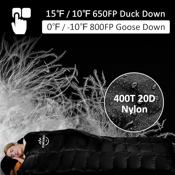 '-10°F 0°F 10°F 15°F Down Sleeping Bag for Adults,800/650 Fill Power,Ultralight Wearable 4 Season Cold Weather Rectangle Sleeping Bag for Camping Hiking,Can be Used as a Down Blanket or Cloak