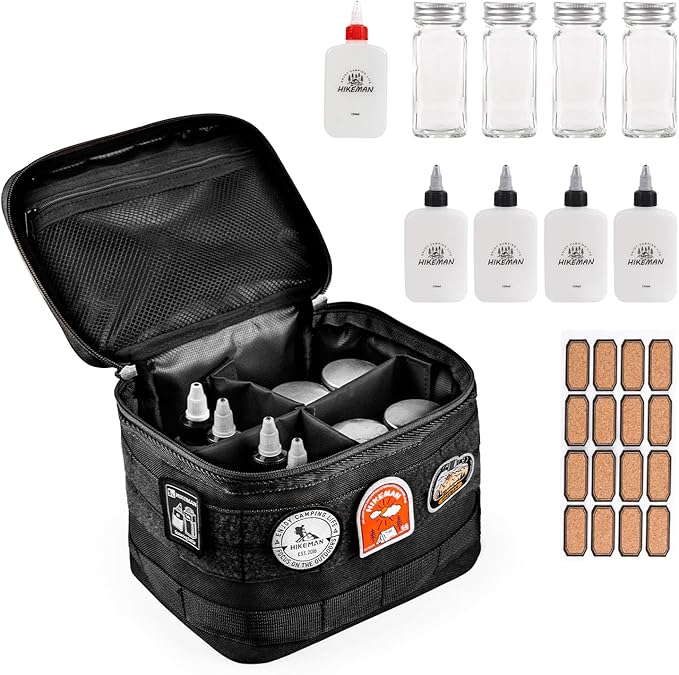 HIKEMAN Camping Portable Spice Set with 9 Spice Containers Pepper & Salt Spice Shakers, Separable Storage Bag for Outdoor Travel Camping BBQ Picnic (Black)