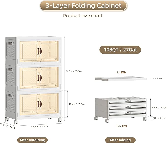 108 QT / 27 Gal Stackable Storage Bins (1 Lid) w/Wheels & Magnetic Doors, Collapsible Plastic Organizer Cabinet for Closet Office Garage - White Storage Containers