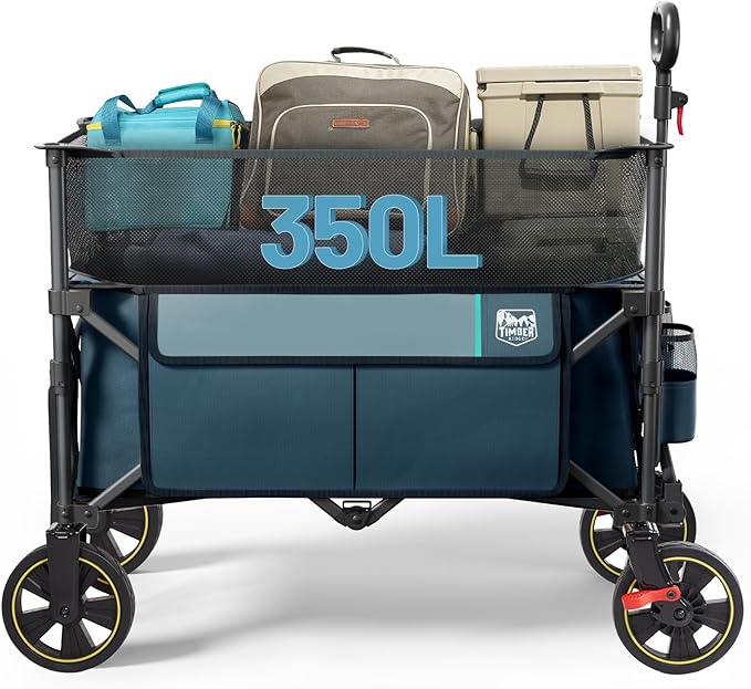 Timber Ridge 350L Extra Large Collapsible Folding Wagon Carts with Brake, Heavy Duty Outdoor Camping Utility Wagons with Extended Height, Adjustable Handle, Cup Holders, Side Bag(Blue)
