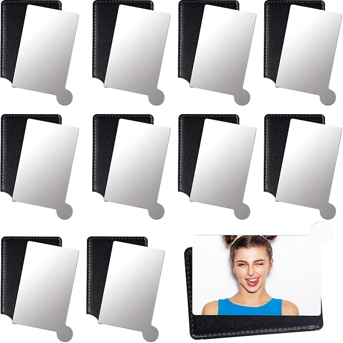 Jetec 10 Pieces Pocket Compact Mirrors Mini Mirror for Purse Wallet Small Handheld Stainless Steel Unbreakable with PU Leather Case for Men Women Travel Camp Signal Makeup(Black)