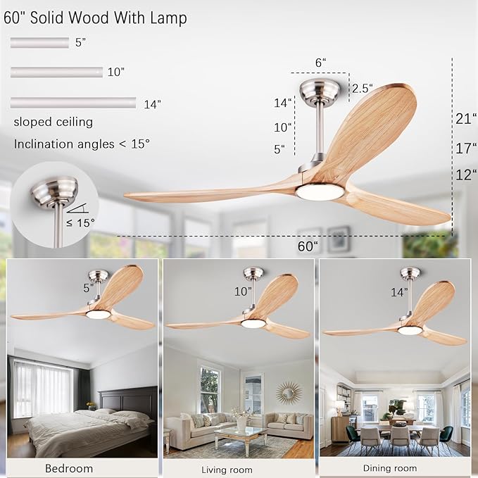 60" Wood Ceiling Fans with Lights and Remote Control,Indoor Outdoor 3 Blades Wooden Ceiling Fan for Garage,Patio,Living Rooms,Bedrooms,Offices,Farmhouse(Nickel+Raw wood)