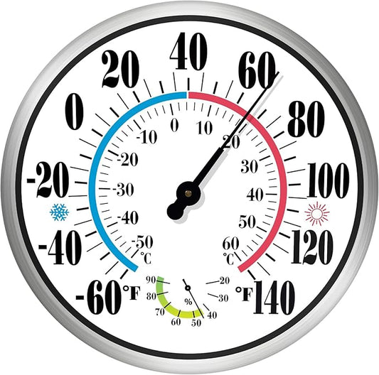 12" Outdoor Thermometer Large Numbers - Decorative Outdoor Thermometers for Patio, Wall Thermometer Hygrometer with Stainless Steel Enclosure, Battery Free Indoor Outdoor Thermometer Hanging