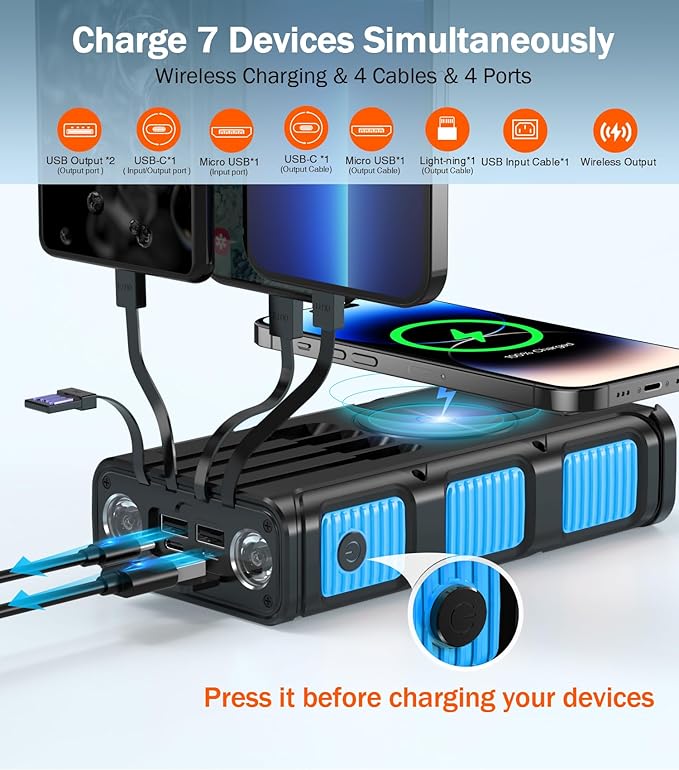 GOODaaa Power Bank Wireless Charger 45800mAh Built in Hand Crank and 4 Cables 15W Fast Charging Power Bank 7 Outputs & 4 Inputs Solar Portable Charger, SOS/Strobe/Strong Flashlights, Compass