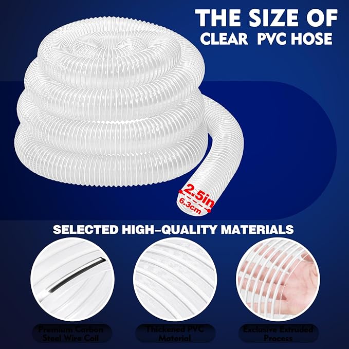 2 1/2" x 20' PVC Dust Collection Hose, Puncture-Resistant, Heavy-Duty Flexible Clear Fume Hose with Carbon Steel Wire Coil for Dust Collection Systems, Woodworking, Workshops