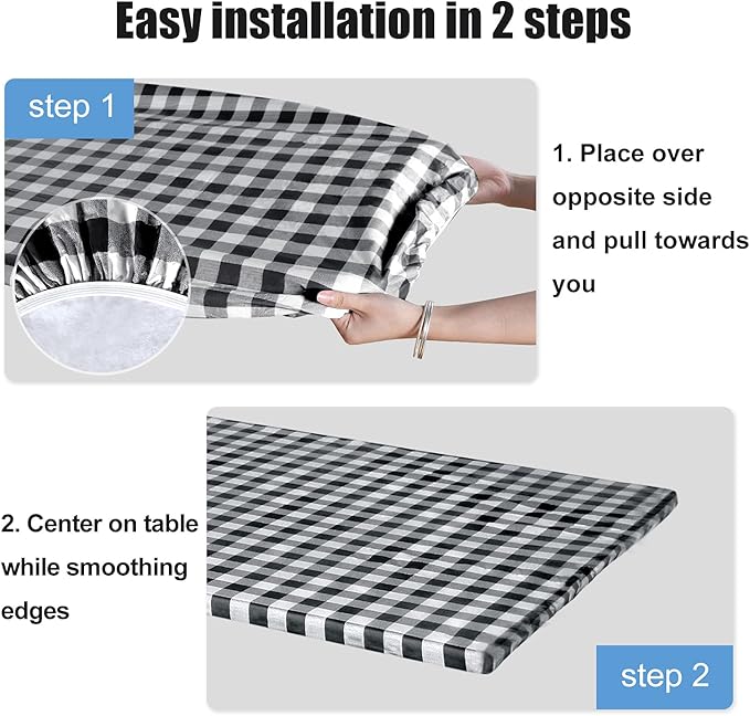 Fitable Black and White Checkered Tablecloth with Elastic - 30"x96" - Waterproof Vinyl Fitted Picnic Table Cover with Flannel Backing, Rectangle Outdoor Tablecloth for 8 Foot Table, Folding Table