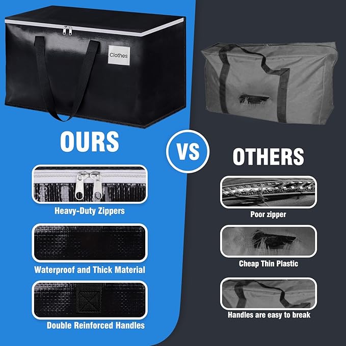 BlissTotes Moving Bags, Heavy Duty Moving Boxes with Zippers Top and Sturdy Handles, Storage Bags for Space Saving and Packing, Collapsible Moving Supplies, Storage Totes (125L, 4-Pack, Black)