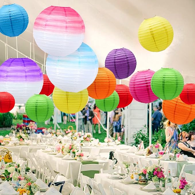 14 PCS Gradient Seven Color Round Paper Lanterns - Chinese Tissue Hanging Decorative for Indoor Room & Outdoor Party Supplies Decoration