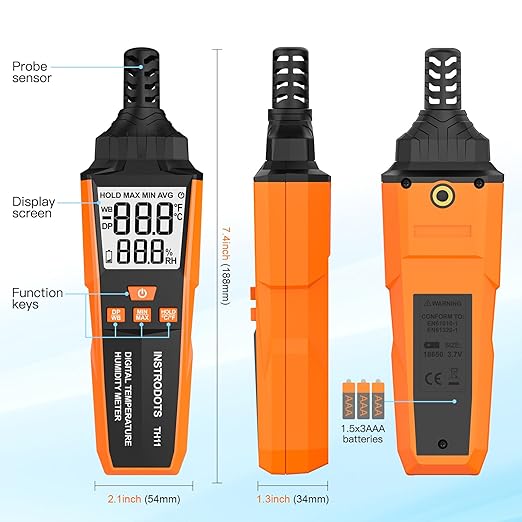 Temperature Humidity Meter, High Precision Digital Hygrometer with Ambient, Dew Point, Wet Bulb Temperature for Indoor Outdoor, Thermometer with Min/Max, Data Hold, LCD Backlight, TH11