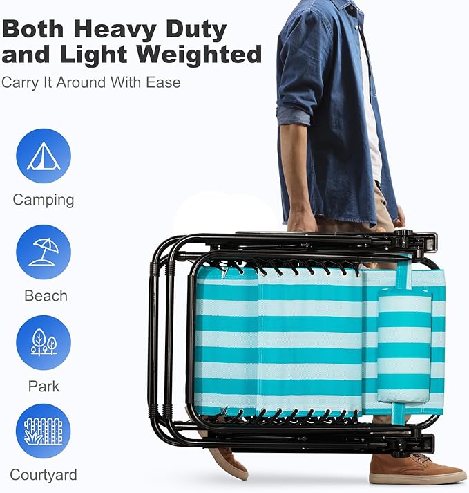 Nazhura Set of 2 Relaxing Recliners Patio Chairs Adjustable Steel Mesh Zero Gravity Lounge Chair Beach Chairs with Pillow and Cup Holder (Light Blue Stripe)