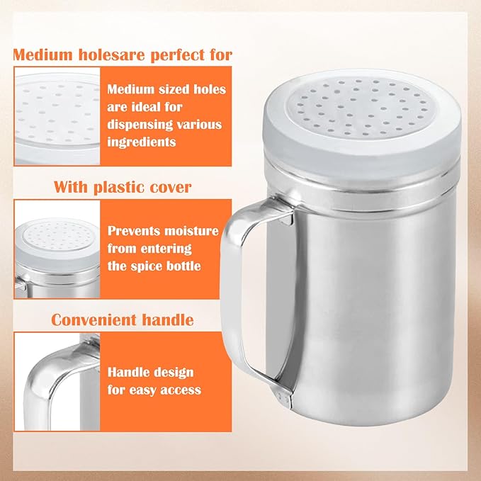 2Pcs Metal Salt Pepper Dredge Shakers, Stainless Steel Pepper Shaker Seasoning Jar With Handle, With Hole And Cover, Suitable For Pepper, Cinnamon And Coffee Spice Jars (Large-14OZ)