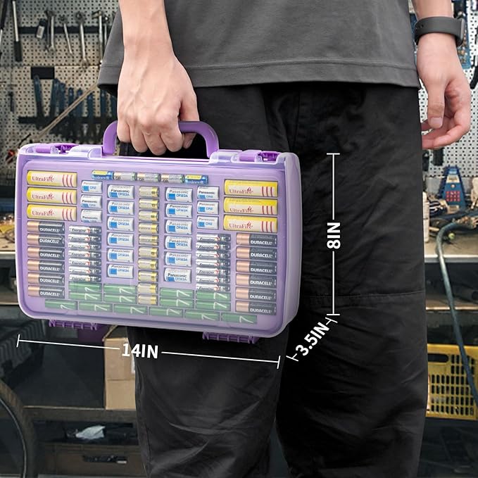 Battery Organizer Storage Holder Box Case with Tester- 269 Batteries Double-Sided Variety Pack, Holds AA AAA 4A C D Cell 9V 3V Lithium LR44 CR2 CR123 CR1632 18650 Button- Purple (Box Only)